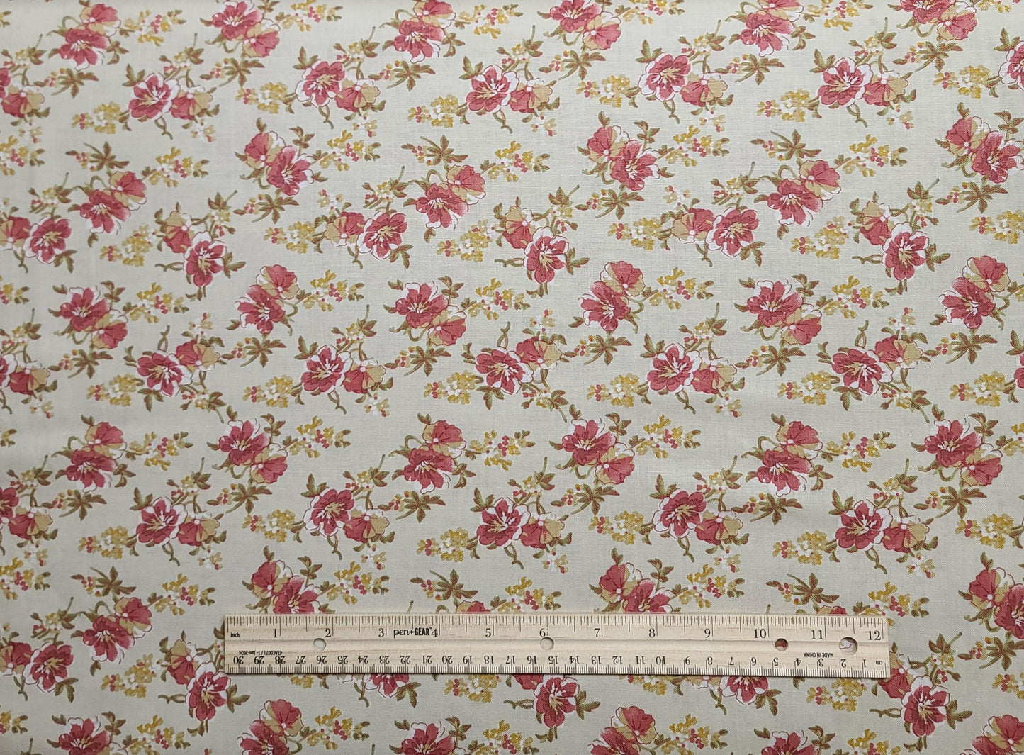 Meadow by Blackbird Designs for Moda Pattern #2693 - Pale Yellow Fabric / Dusty Rose, White, Green, Gold Tossed Flower Print