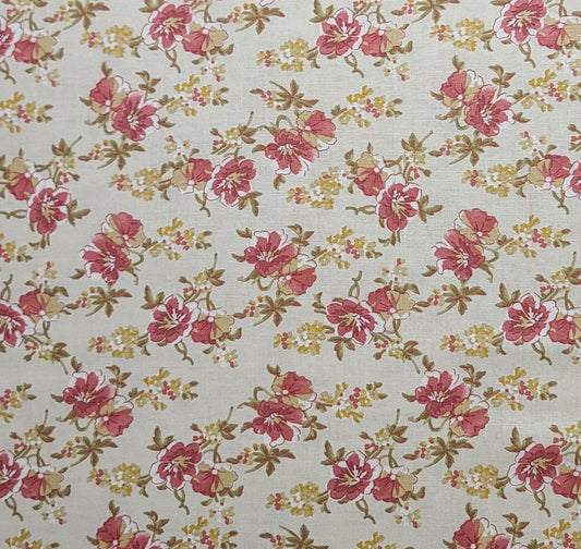 Meadow by Blackbird Designs for Moda Pattern #2693 - Pale Yellow Fabric / Dusty Rose, White, Green, Gold Tossed Flower Print