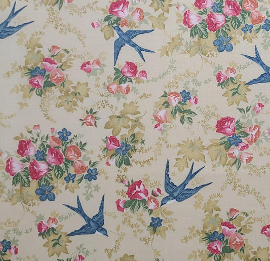 Beth Ann Bruske for David Textiles Inc - Cream Fabric / Gold Leaf, Blue Bird and Flower Bouquet Print