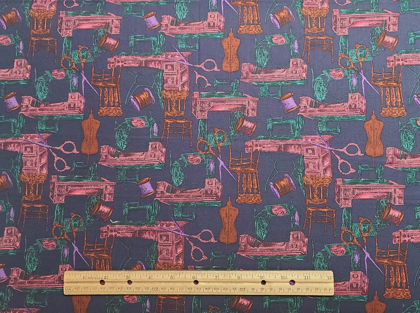 Dark Purple, Green, Pink, Rust Vintage Sewing Print Fabric - Selvage to Selvage Print