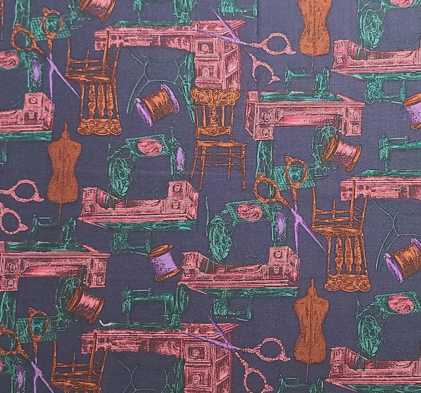 Dark Purple, Green, Pink, Rust Vintage Sewing Print Fabric - Selvage to Selvage Print