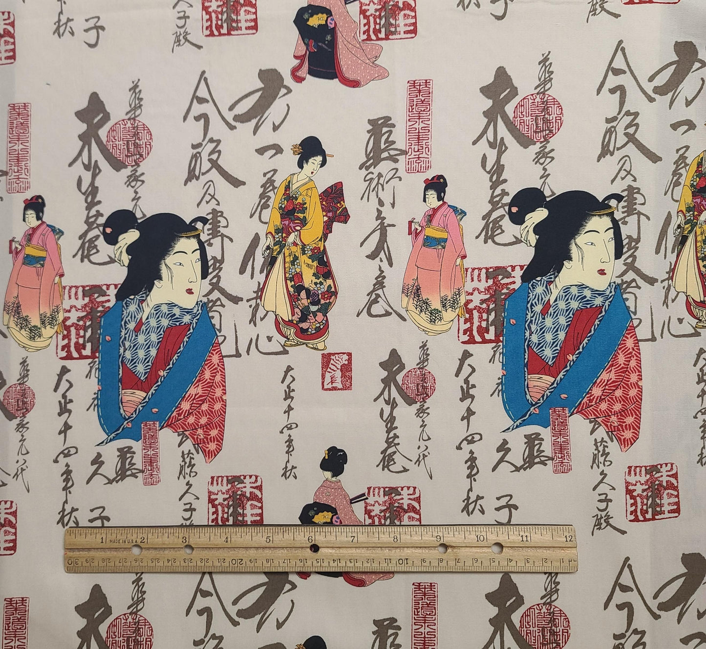 Kona Bay Fabrics 2006 Design GEIS-05 - Tan Fabric / Red, Pink, Blue Geisha and Kanji Print