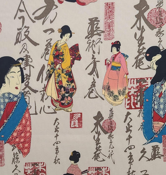 Kona Bay Fabrics 2006 Design GEIS-05 - Tan Fabric / Red, Pink, Blue Geisha and Kanji Print