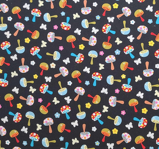 Michael Miller Fabrics Inc Patt#CX4329 Mini Mushrooms - Black Fabric / Brightly Colored Tossed Mushroom, Flower, Butterfly Print