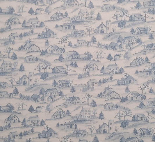 Concord Fabrics Inc - White Fabric / Light Slate Blue Toile-Style Village Print