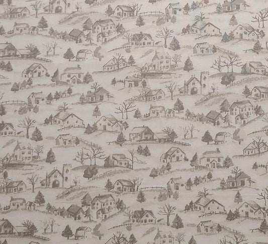 Concord Fabrics Inc - Cream Fabric / Taupe Toile-Style Village Print