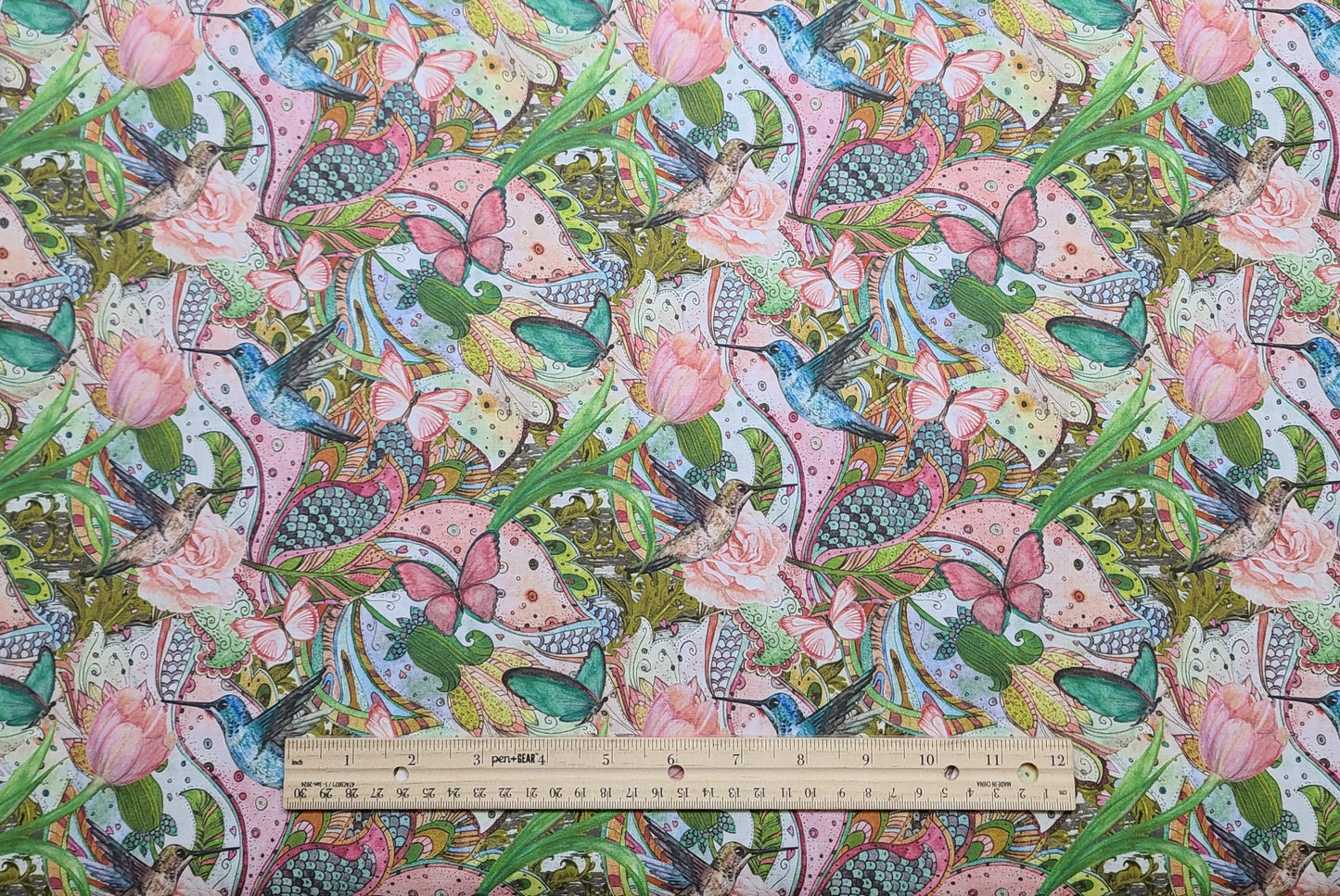 FunSewing.com 128-0002596-007 - White, Green, Pink, Blue, Brown Hummingbird and Floral Print Fabric