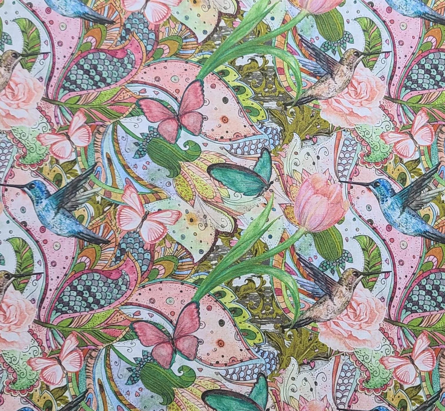 FunSewing.com 128-0002596-007 - White, Green, Pink, Blue, Brown Hummingbird and Floral Print Fabric