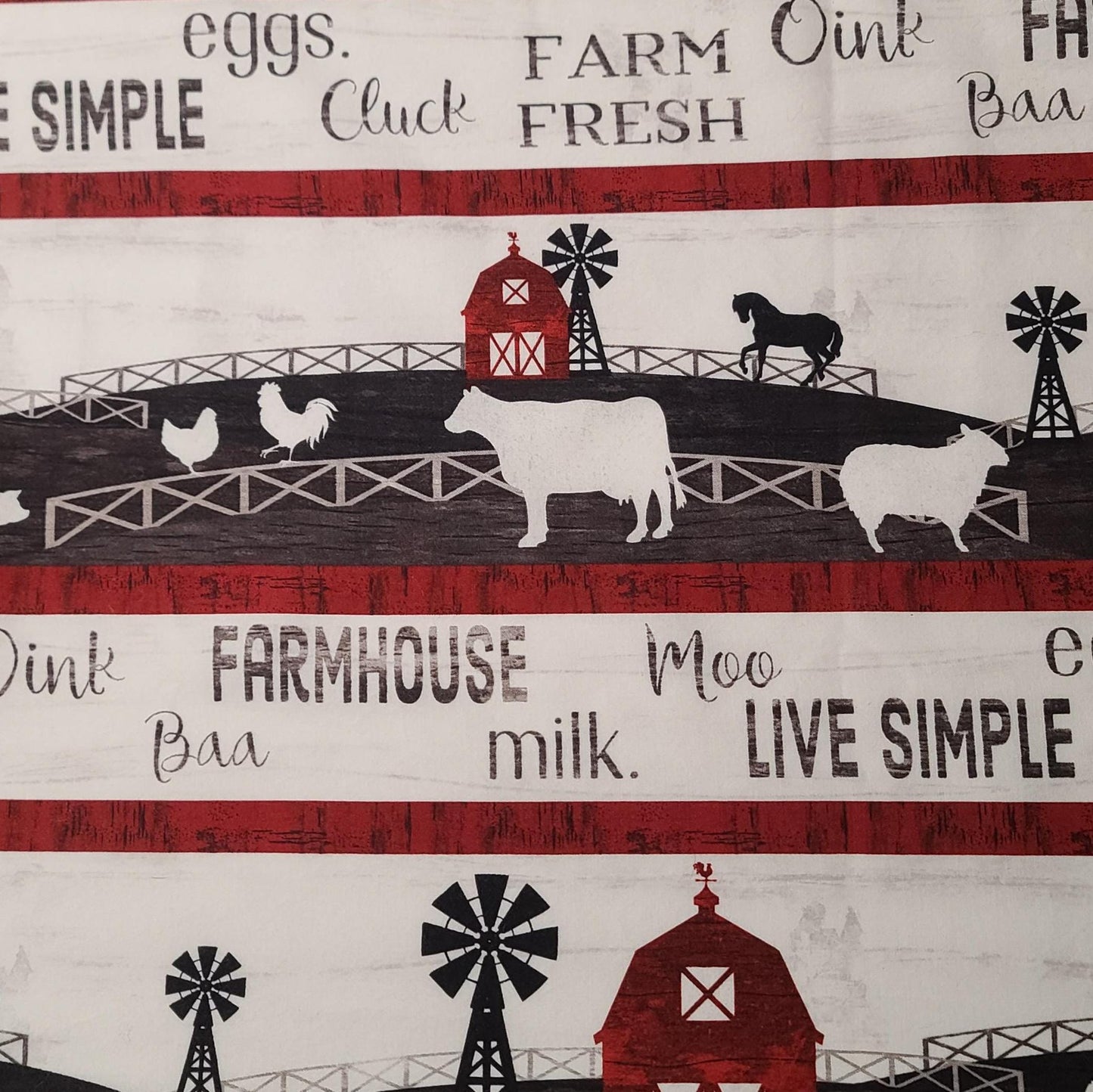 Homestead Jennifer Pugh Licensed to WP - Red, White Black Farm Print Border Stripe Fabric