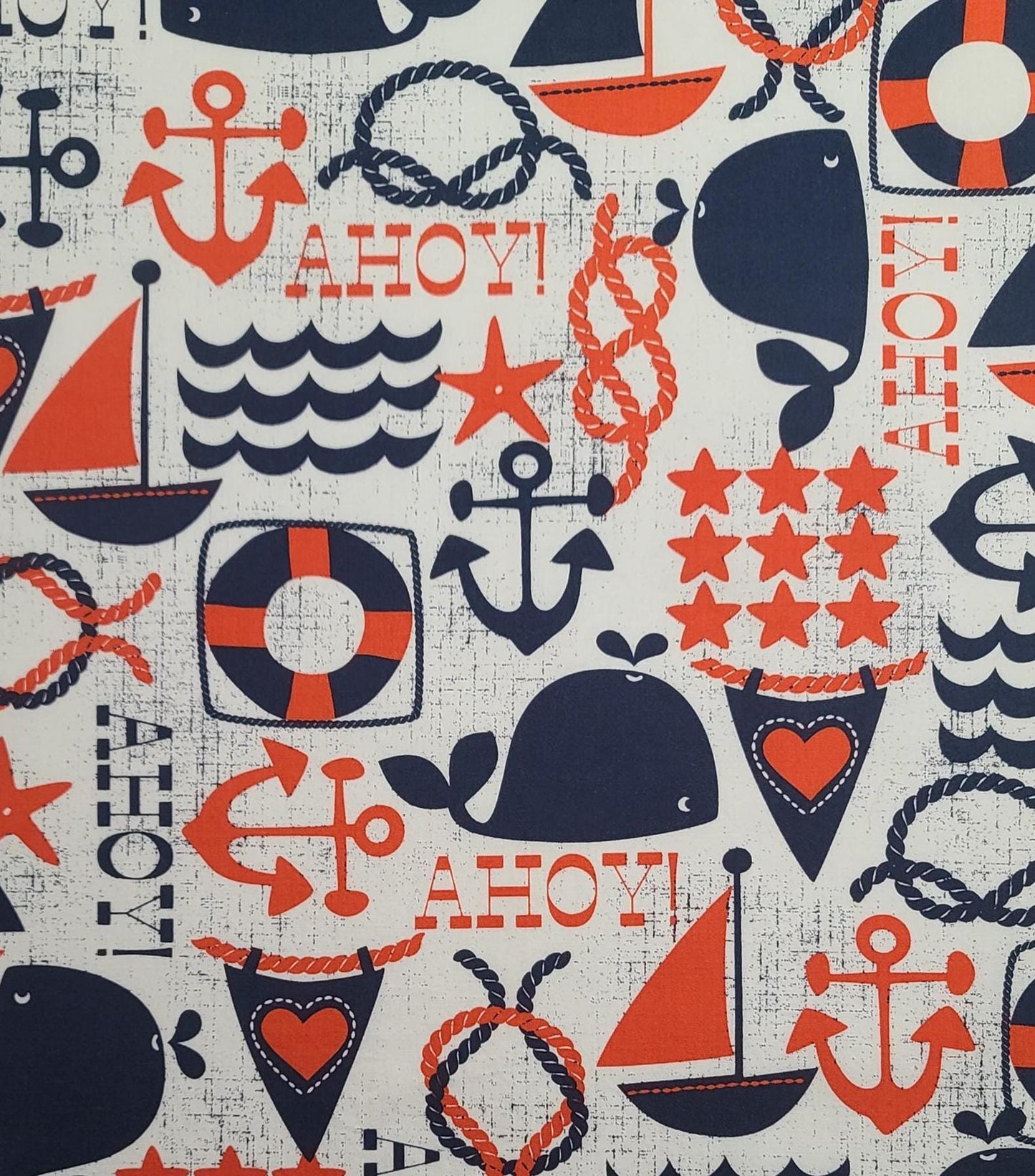 Michael Miller Fabrics PATT# DC5697 AHOY MATEY - White Fabric / Red, Navy Whale, Life Preserver, Star, Ahoy Print