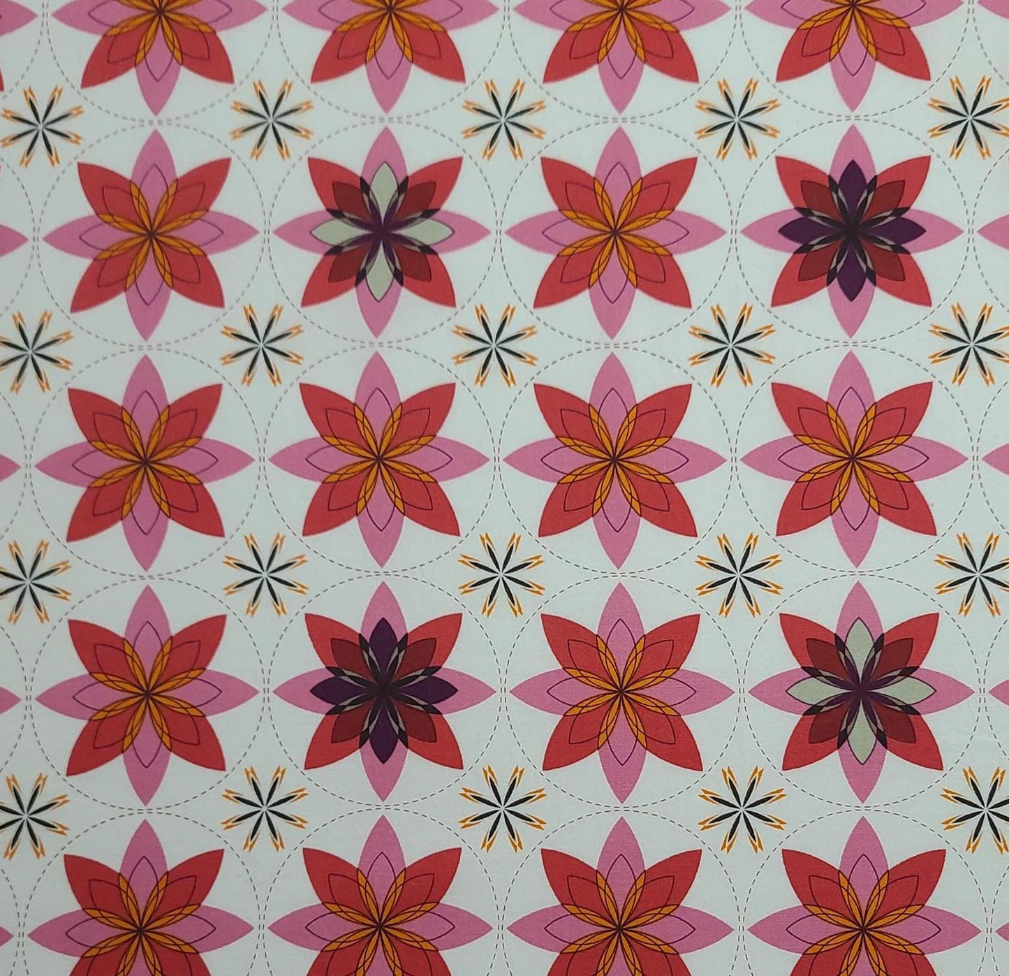 Sanctuary by Patty Young Michael Miller Fabrics LLC Patt# DS-4708 Geo Bloom - White Fabric / Red, Pink, Orange, Black Geometric Flower Print