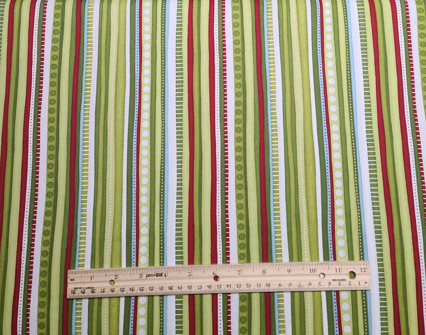 Christmas Pure & Simple Nancy Halvorsen Benartex Style 4383-Red, White, Pale Blue, Bright Green Vertical Stripe (Parallel to Selvage) Fabric