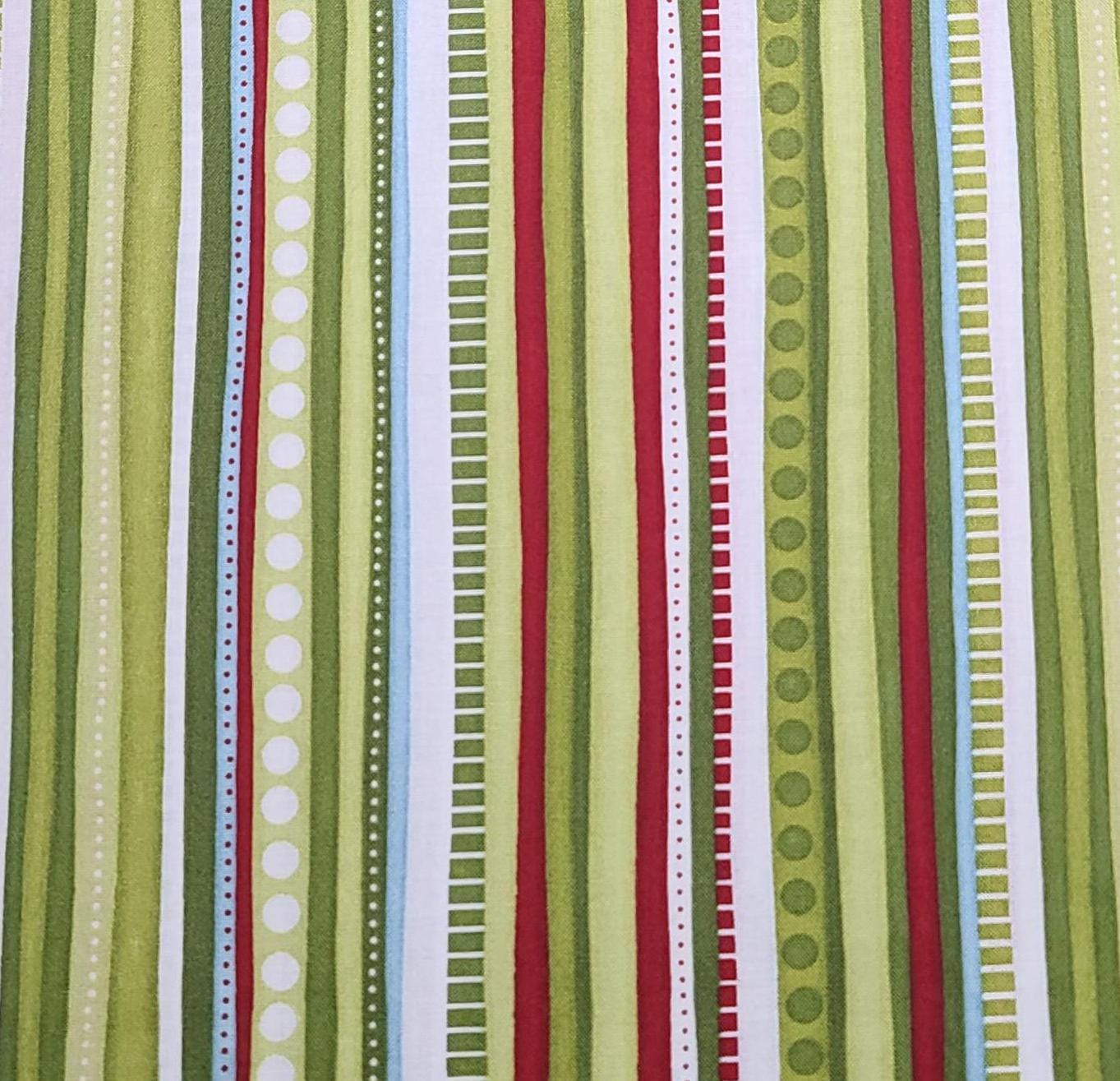 Christmas Pure & Simple Nancy Halvorsen Benartex Style 4383-Red, White, Pale Blue, Bright Green Vertical Stripe (Parallel to Selvage) Fabric