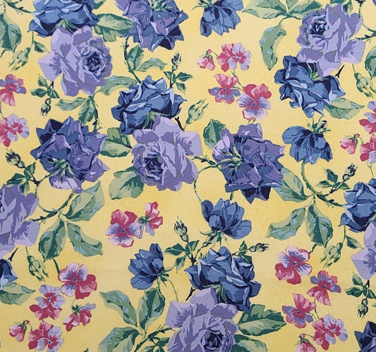 Rose Cottage #2067 by Ro Gregg for Northcott Studio - Yellow Fabric / Lavender, Purple, Blue Rose Print