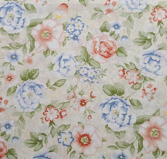 Concord Fabrics Inc Pattern 1691 - Tan and White Tonal Fabric / Pink, Blue, White Floral Print