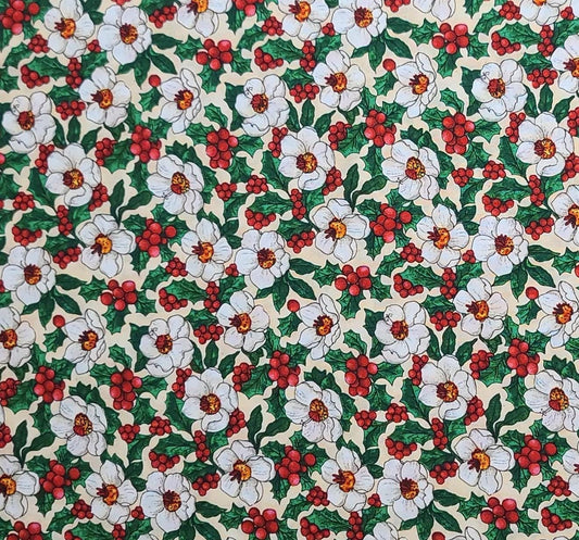 Winter Garden by Cheri L Strole for SSI - Cream Fabric / Packed Holly, Berry and White Flower Print