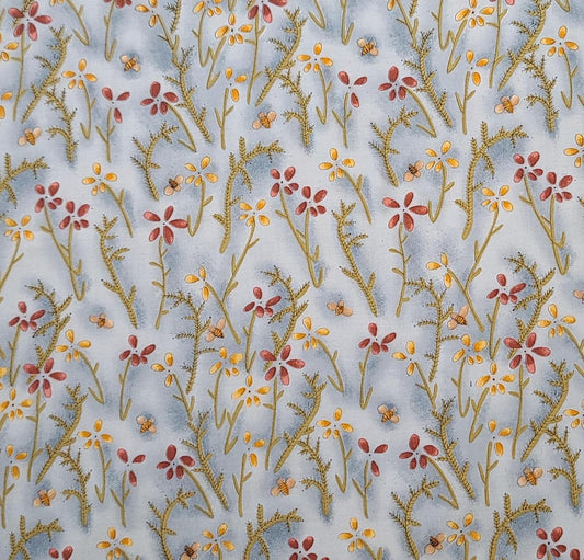 Button Button by Cheri for SSI - Pale Blue/Gray Tonal Fabric / Rust, Gold, Yellow Flower and Bee Print