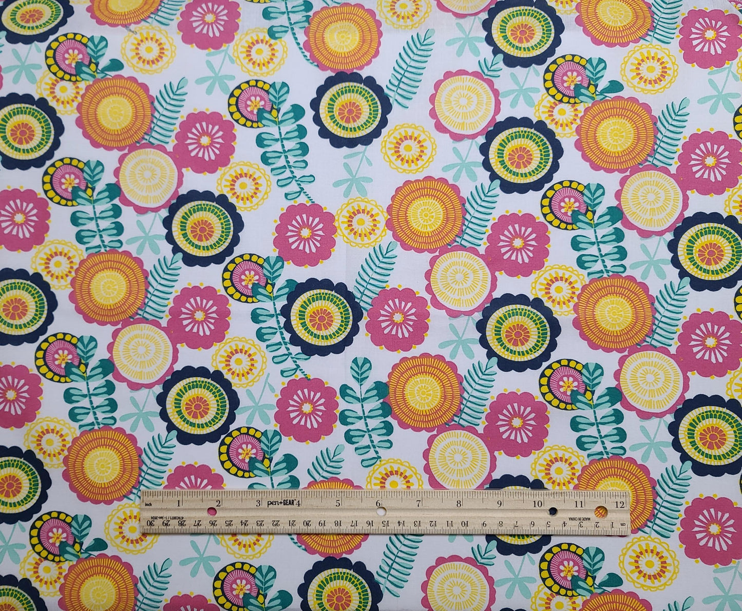 White Fabric / Pink, Yellow, Navy Retro Flower Print - Selvage to Selvage Print