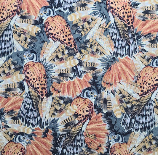 Beth Ann Bruske for David Textiles Inc - Rust, Tan, Gray Packed Bird of Prey Print Fabric