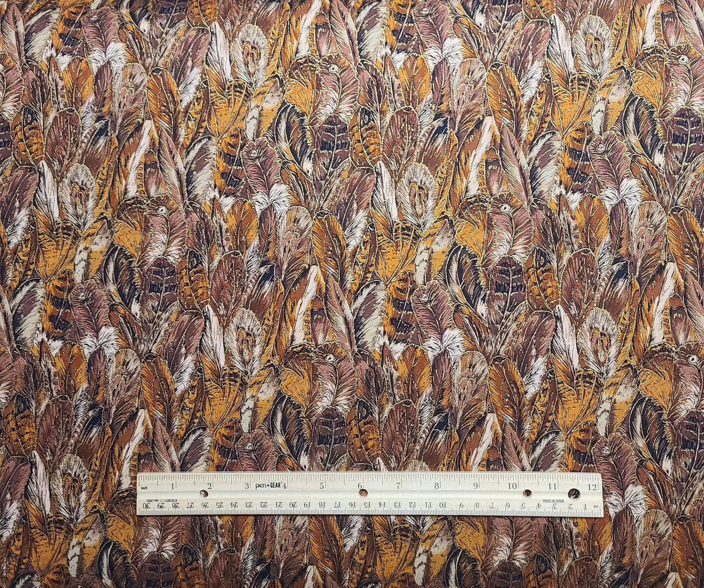 Windsor Collection by Hoffman International Fabrics - Brown and Rust Packed Feather Print Fabric / Gold Metallic Accents