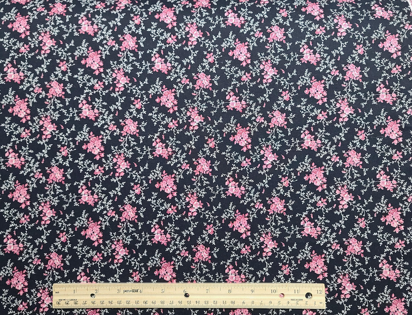 Joan Kessler for Concord Fabrics Inc - Black Fabric / Pink, White Flower and Vine Print