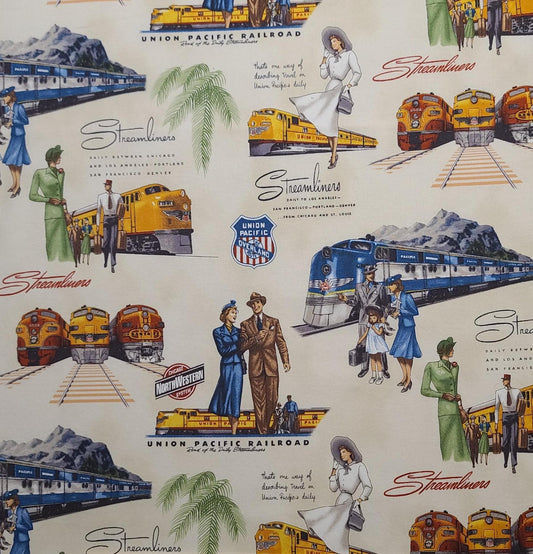 EOB - Union Pacific D#8435 - Cream Fabric / Vintage Streamliners, Locomotive, Travelers Print