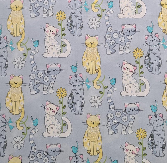 Patty Reed Designs 2019 Laurie Campbell La-Di-Draw Fabric Traditions - Pale Slate Blue Fabric/Cat, Bird, Flower Print/Silver Glitter Accents