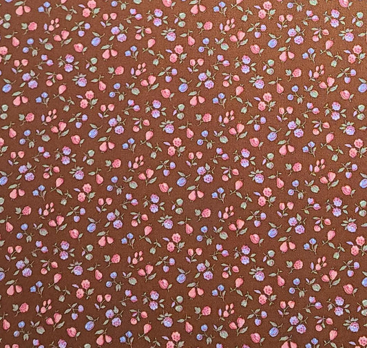 Peter Pan Fabrics - Rust Fabric / Pink and Blue Tossed Flower Pattern