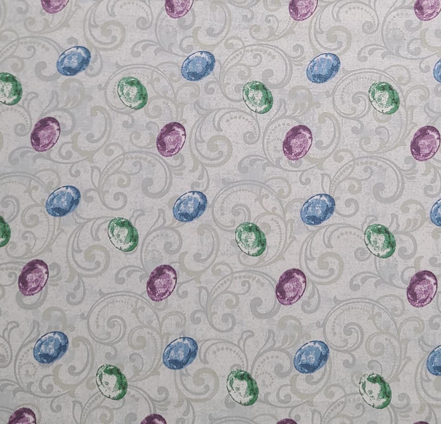 JoAnn Fabrics - White Fabric / Gray Filigree / Purple, Blue, Green Gemstone Print