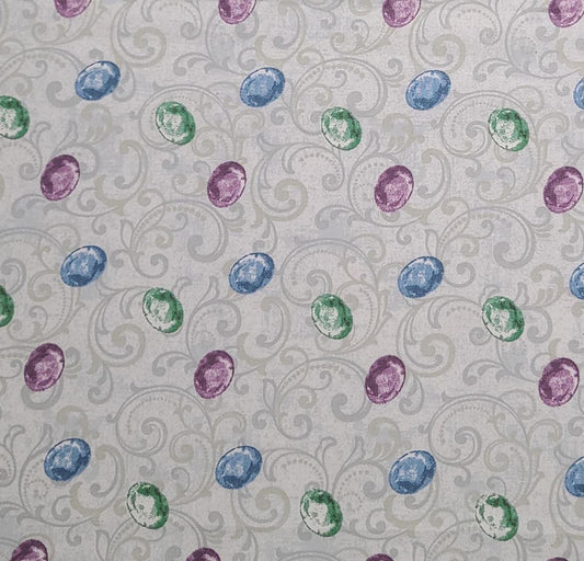 JoAnn Fabrics - White Fabric / Gray Filigree / Purple, Blue, Green Gemstone Print