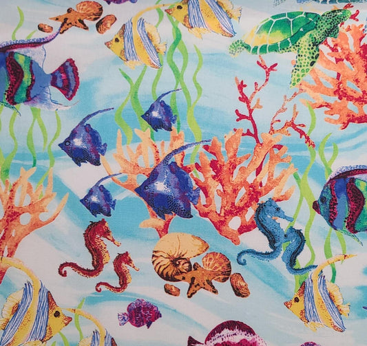 JoAnn Fabrics - Blue and White Tonal Fabric / Brightly Colored Undersea Print - Turtles, Fish, Coral, Seahorse