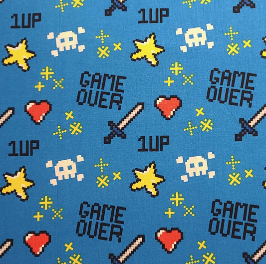 David Textiles - Medium Blue Fabric / Black, Red, White, Yellow Vintage Video Game Characters