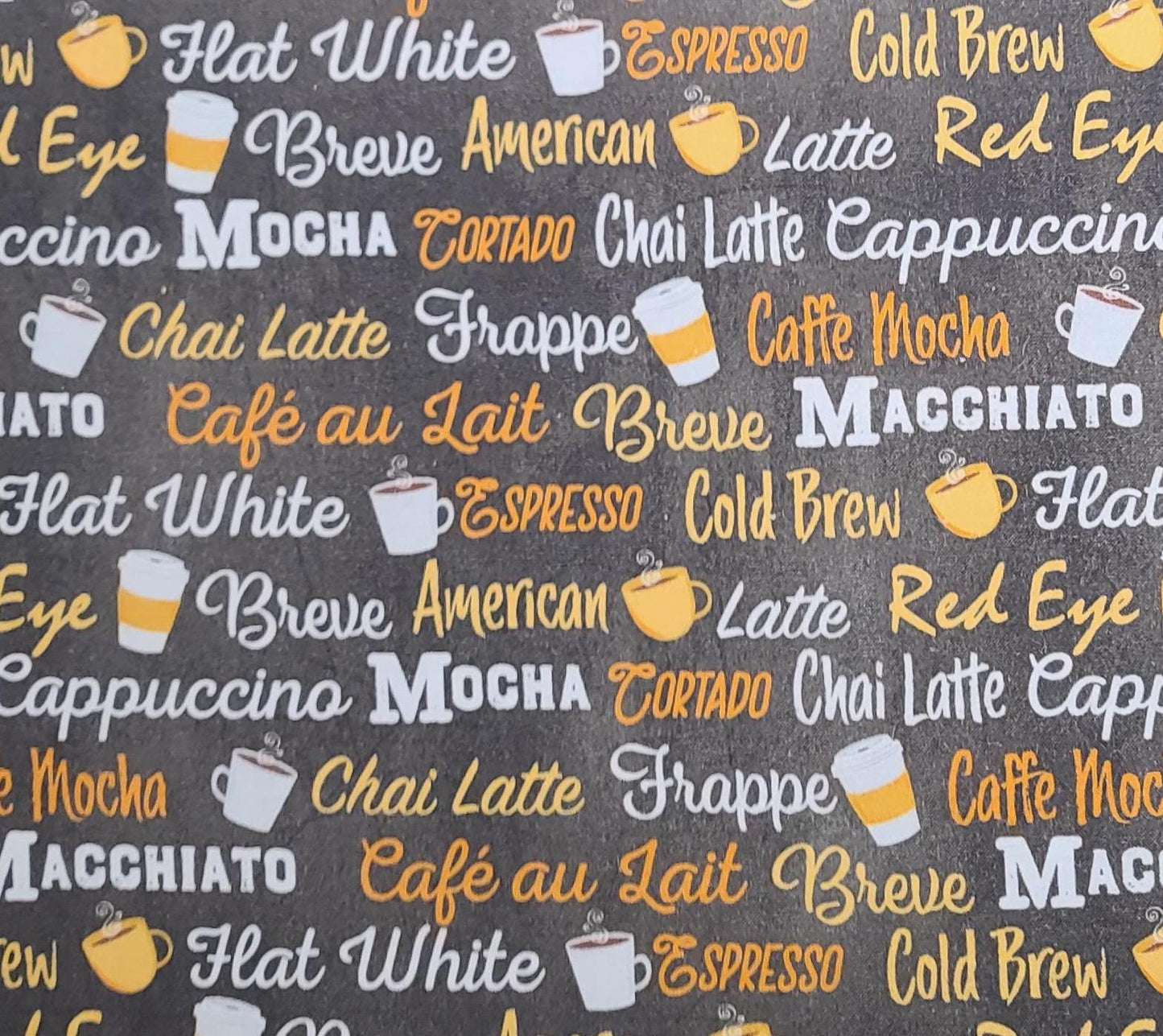 JoAnn Fabrics - Heathered Brown Fabric / Orange, Tan, Gold, White Coffee Script and Cups Print