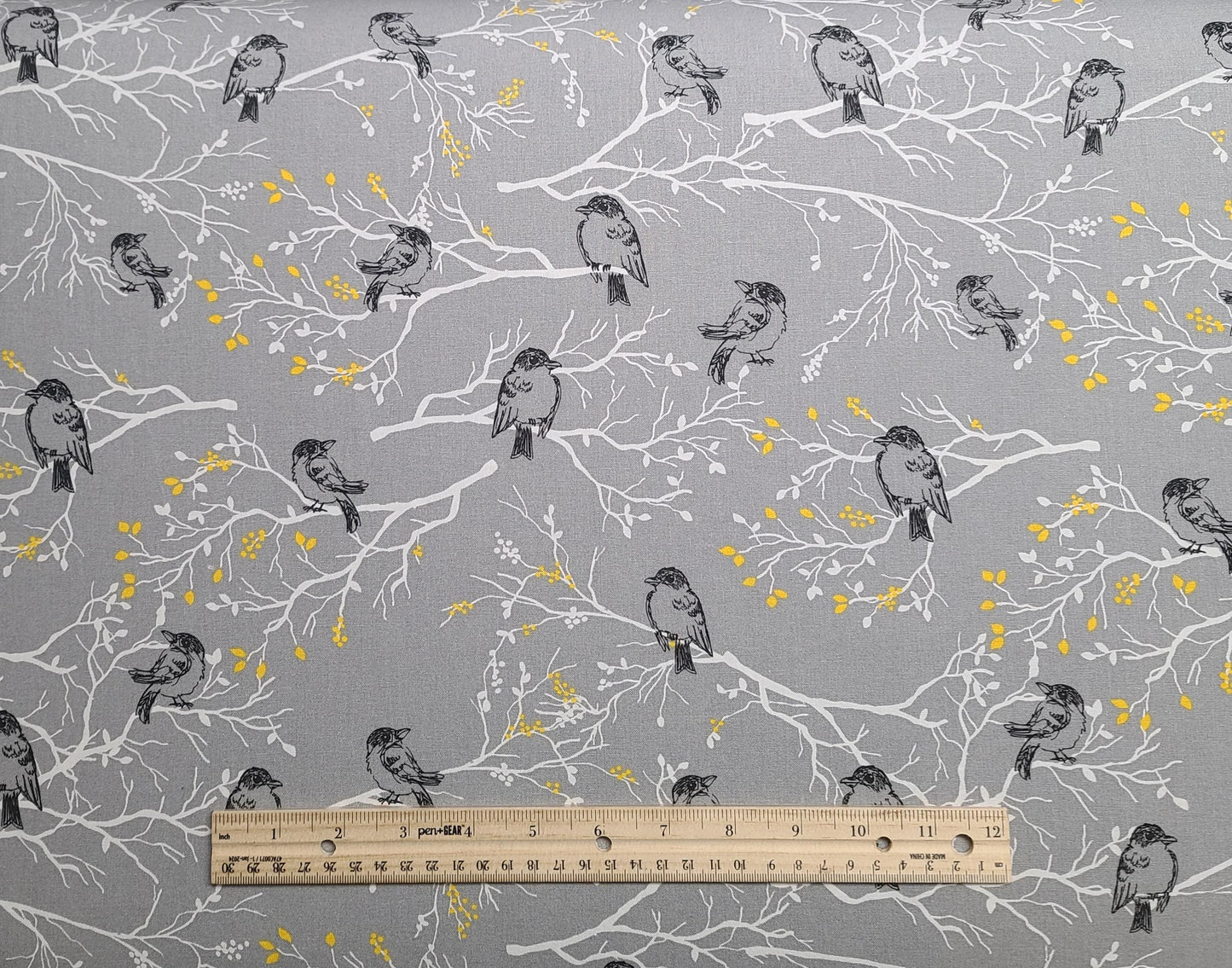 Keepsake Calico for JoAnn Fabrics - Gray Fabric / White, Gold, Black Branch, Leaf and Bird Print