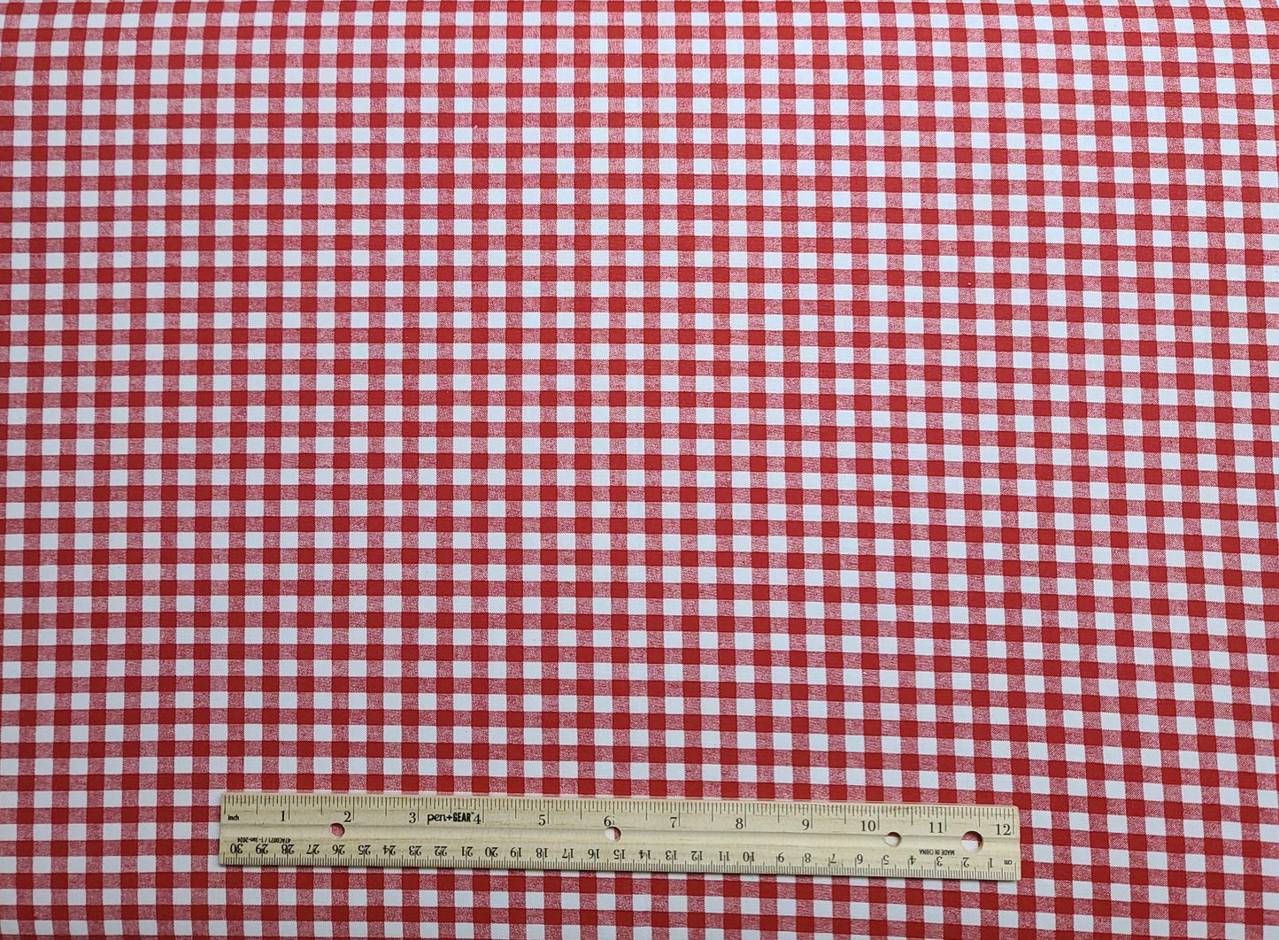 Red and White Gingham Print Fabric. .