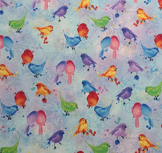 Hi-Fashion Fabrics Inc 7942 - Pale Blue and Lavender Fabric / Watercolor Style Pink, Purple, Bright Green, Blue Bird Print