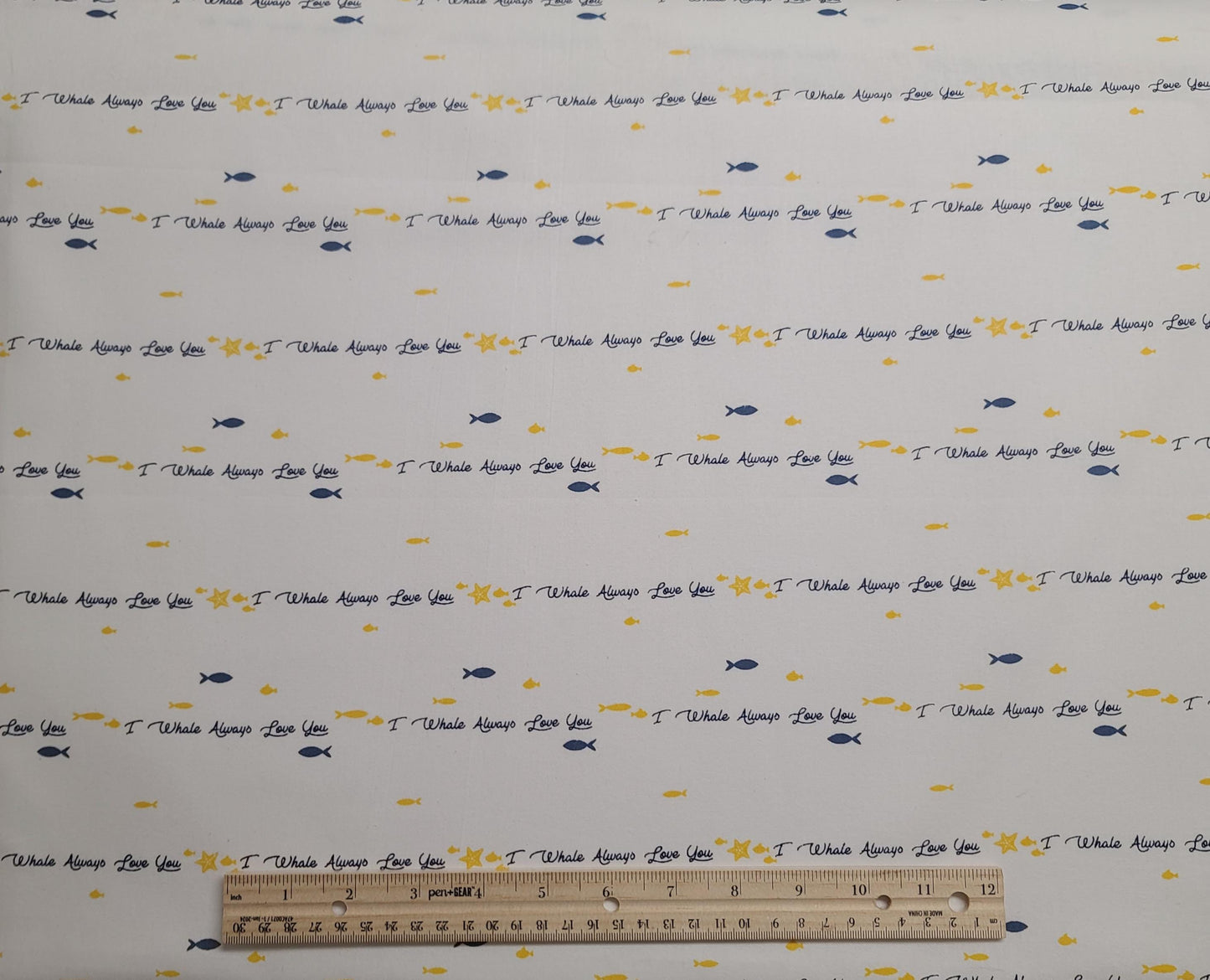 Magic Moon JoAnn Fabrics - White Fabric / "I Whale Always Love" / Navy and Gold Fish and Star Print