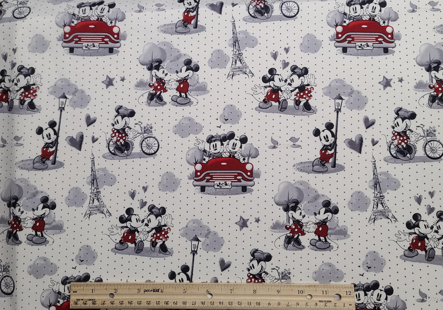 CP65215 Vintage Scenes of Romance Disney for Springs Creative 2021 - White Fabric, Gray Spots/Red, Gray, Black Mickey & Minnie Paris Scenes