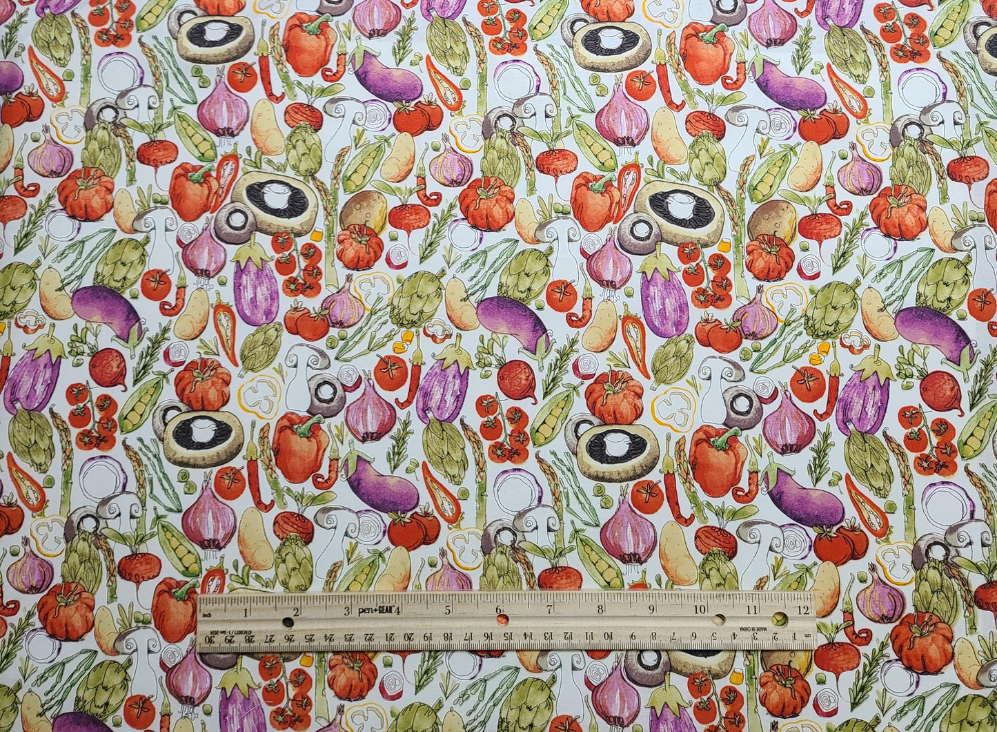 JoAnn Fabrics - White Fabric / Tossed Vegetable Print / Purple, Red, Green, Mushroom