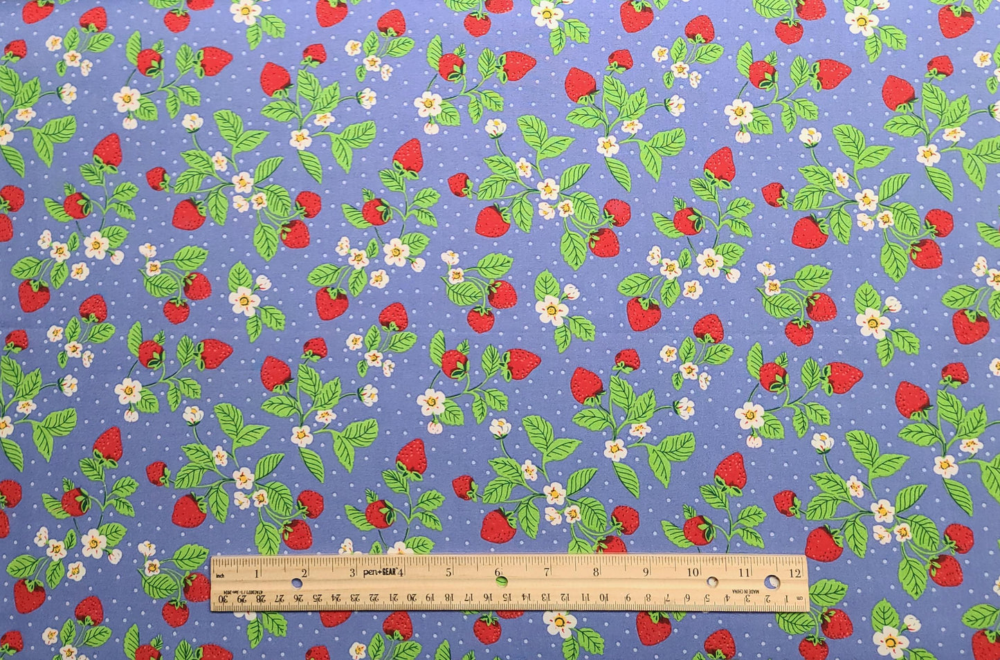 JoAnn Fabrics - Light Periwinkle Blue Fabric with White Scattered Polka Dot Background / Strawberry Flower and Berry Print