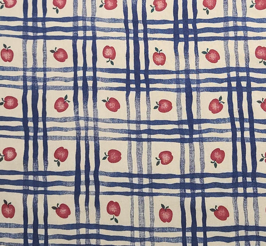 Apple Plaid #34502 Past & Presents for Daisy Kingdom 1995 - Tan Fabric / Navy Wavy Plaid and Red Apple Print