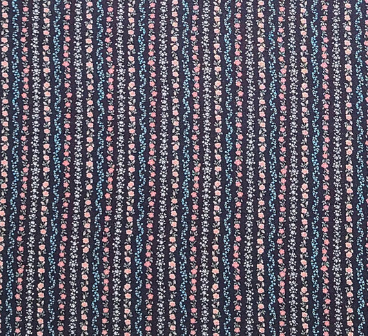 Peter Pan Fabrics - Black Fabric / Pink, Rose, Light Blue, White Floral Vine Stripe Print