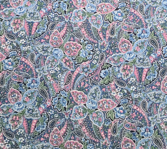 Peter Pan Fabrics - Blue, Navy, Pink, White, Green Packed Floral Paisley Print Fabric