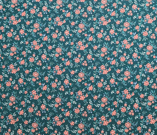 Peter Pan Fabrics - Dark Green Fabric / Coral, Blue, White Flower Print