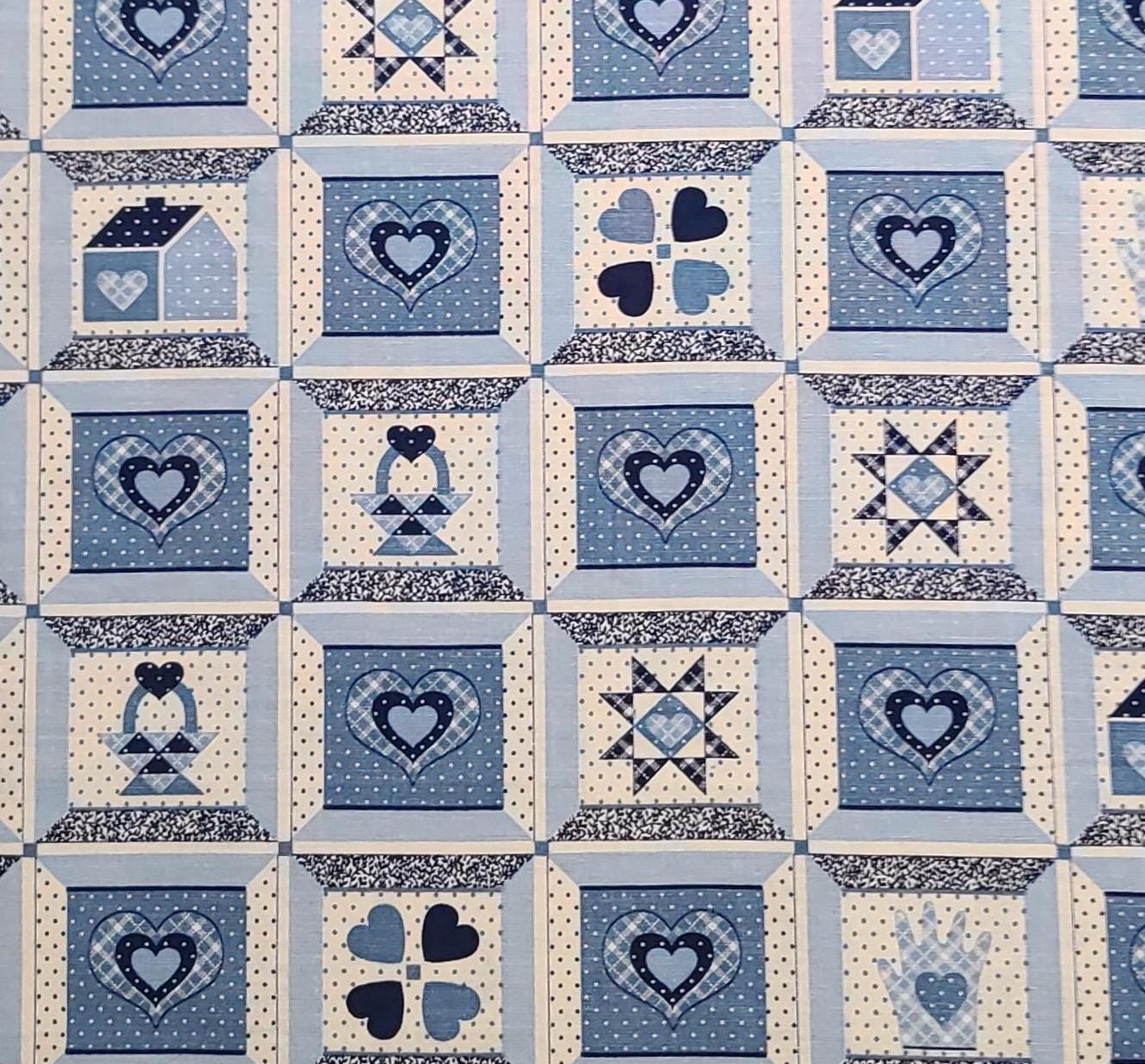 Marti Michell Springs Industries - Vintage Blue and White Cheater Cloth Fabric / Hearts, Hands, House, Basket, Star