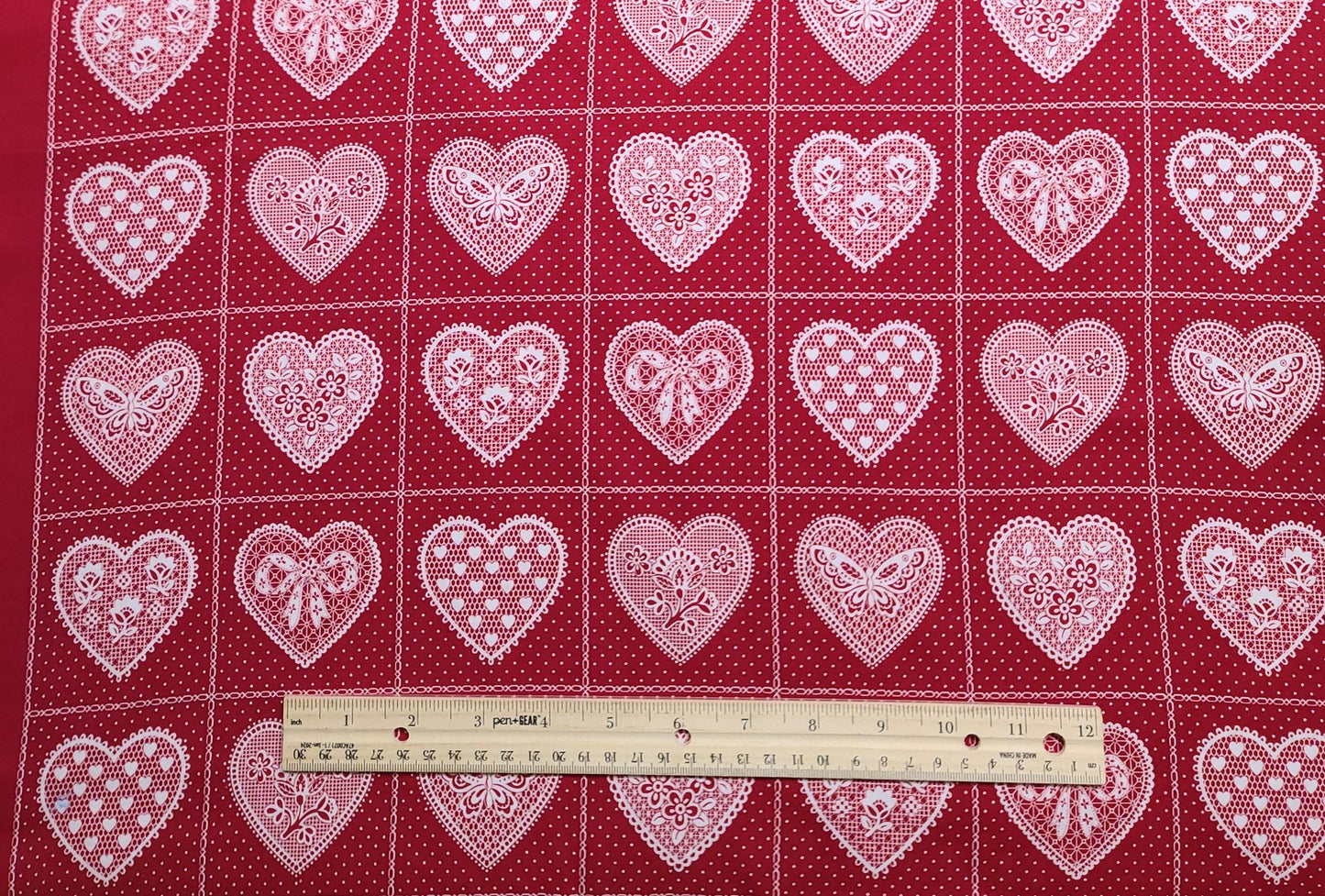 VIP Cranston Print Works - Dark Red Fabric / White Micro Dot and Lace Heart Block Print