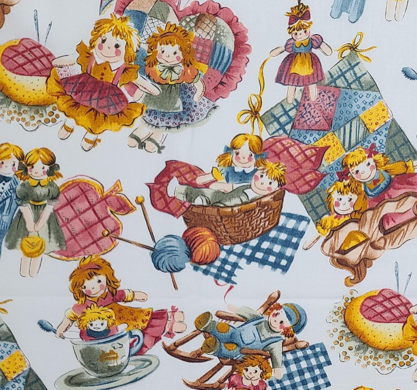 Collectibles by Marti Michell Hancock/MN Fabrics - White Fabric / Blue, Pink, Brown, Green Tossed Vintage Toy Pattern