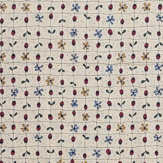 Little Quilts for Fabri-Quilt Inc - Cream Fabric / Black, Red, Gold, Blue, Green Vining Flower, Ladybug Print