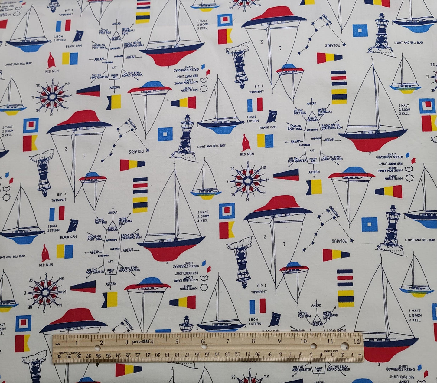 EOB - White Fabric / Red, Blue, Yellow Nautical Theme Print / Sailboats, Compass Rose - Selvage to Selvage Print