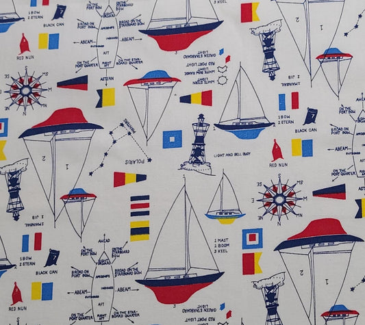 EOB - White Fabric / Red, Blue, Yellow Nautical Theme Print / Sailboats, Compass Rose - Selvage to Selvage Print